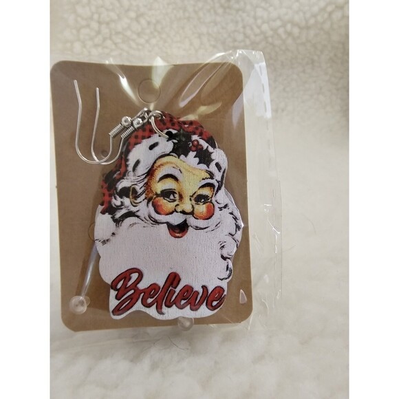 Wood Print Merry Christmas Trees Leopard Snowman Santa Claus Earrings 9 Pair - Picture 1 of 9